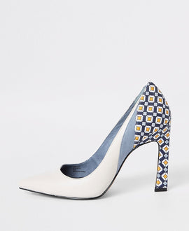 Blue printed block heel court shoes