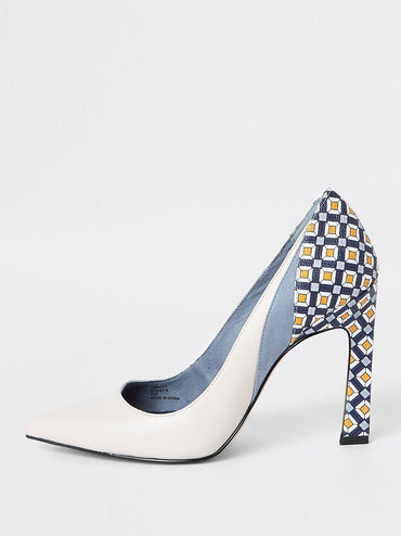 Blue printed block heel court shoes