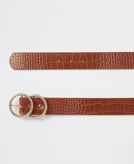 Brown croc embossed double ring jeans belt