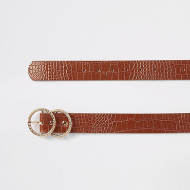 Brown croc embossed double ring jeans belt