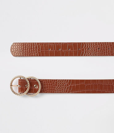 Brown croc embossed double ring jeans belt