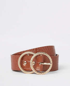 Brown croc embossed double ring jeans belt