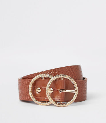 Brown croc embossed double ring jeans belt