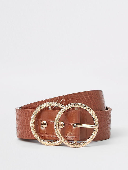 Brown croc embossed double ring jeans belt