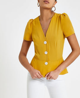 Yellow button front tea top