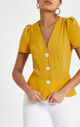 Yellow button front tea top