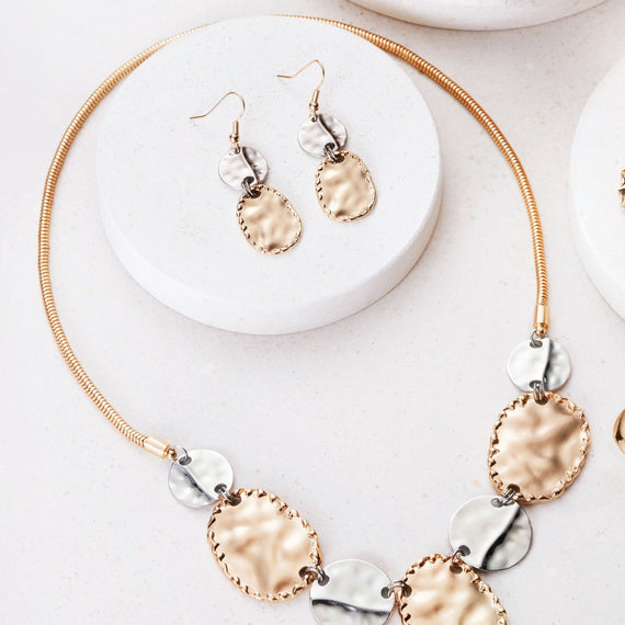 Gold-Silver Dented Effect Short Necklace