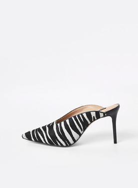 Black zebra print leather heel mules